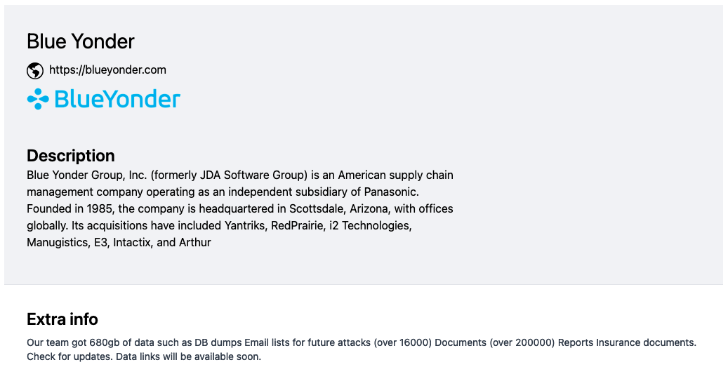 Blue Yonder entry on Termite ransomware leak site